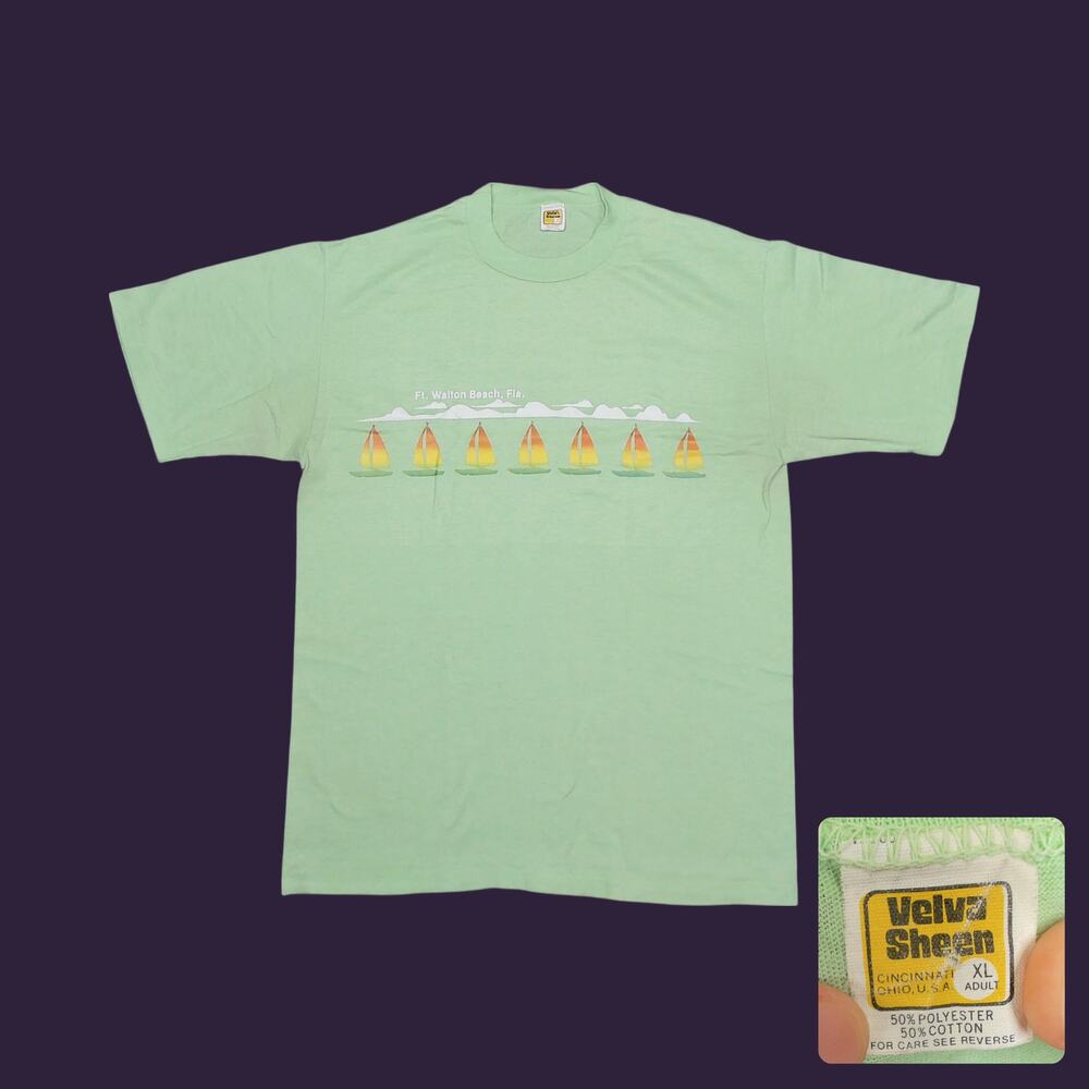 70s Velva Sheen Ft Walton Beach Sailboat Tee Pastel Green Mens L
